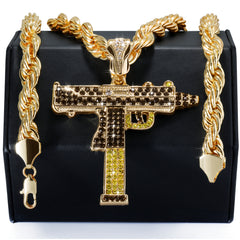 Two Tone Iced Uzi | 14K Rope Necklace Gold Plated 10mm