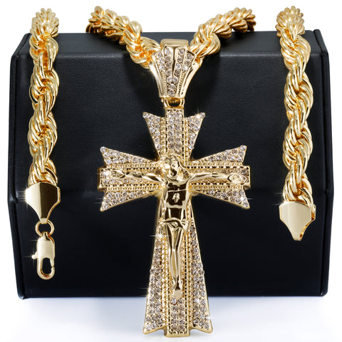 Jesus Clover Cross Fully Iced | 14K Rope Necklace Gold Plated 10mm