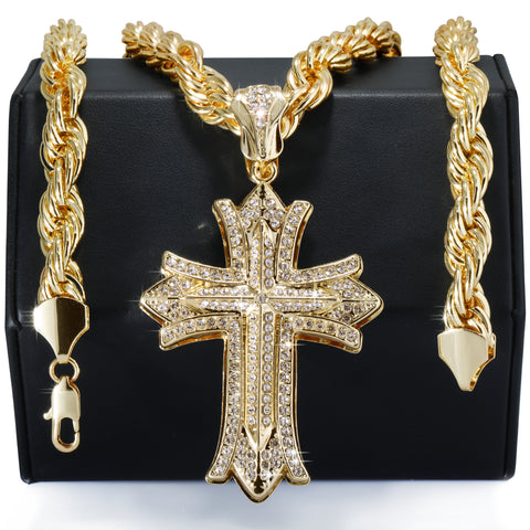 Clover Cross Fully Iced | 14K Rope Necklace Gold Plated 10mm