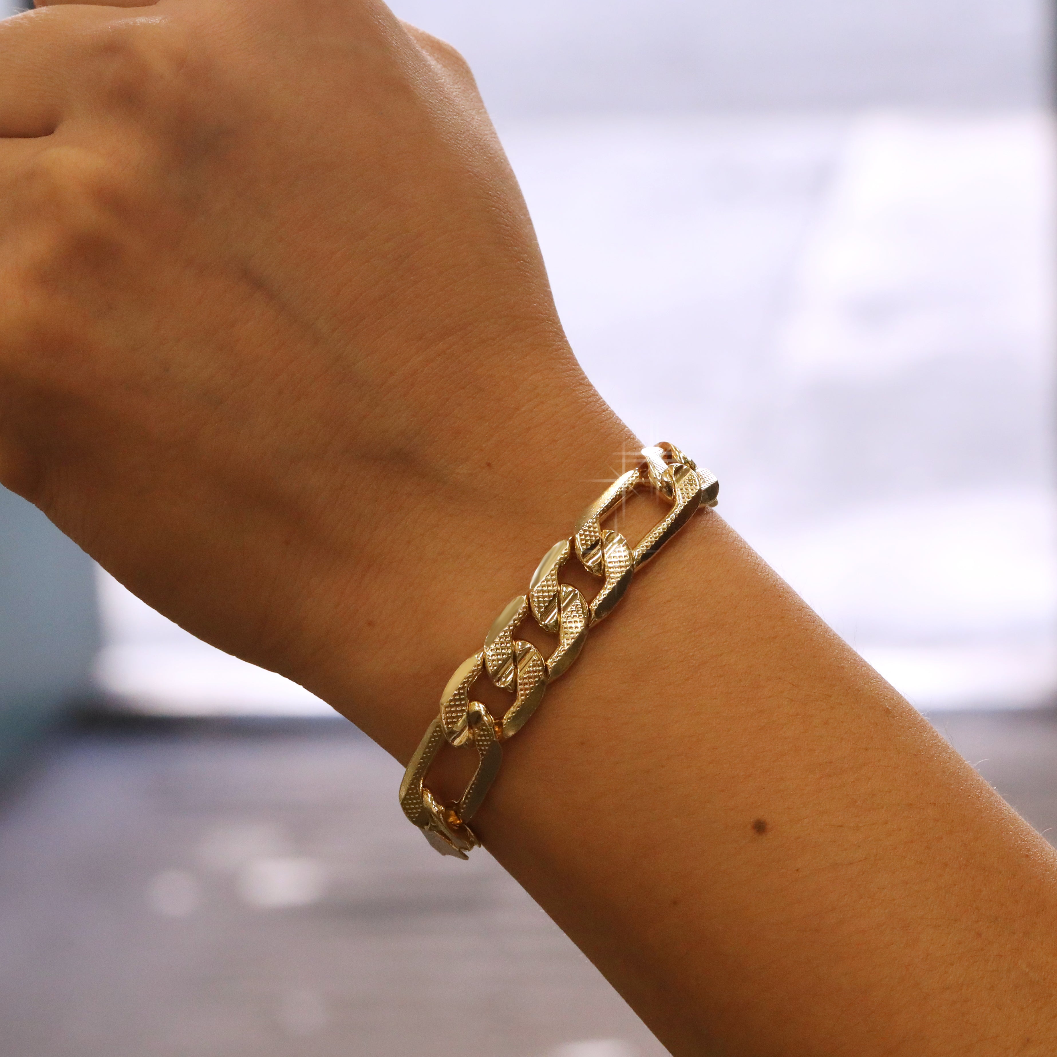 FROSTED 12MM/9"INCHES  14K GOLD FINISH FIGARO LINK BRACELET