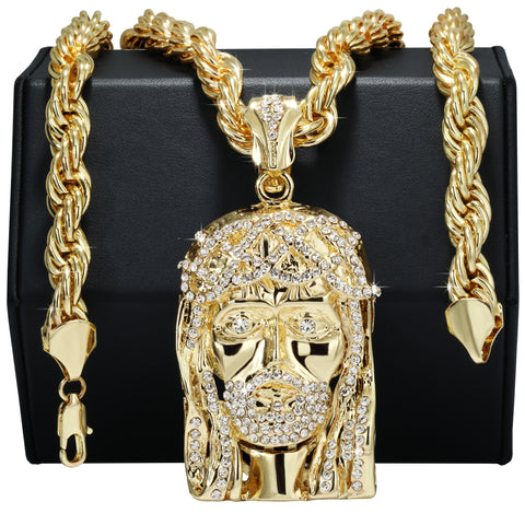Jesus Piece Fully Iced Beard | 14K Rope Necklace Gold Plated 10mm