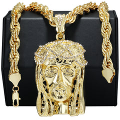 Crowned Jesus Piece Fully Iced | 10mm Rope Necklace Gold Plated