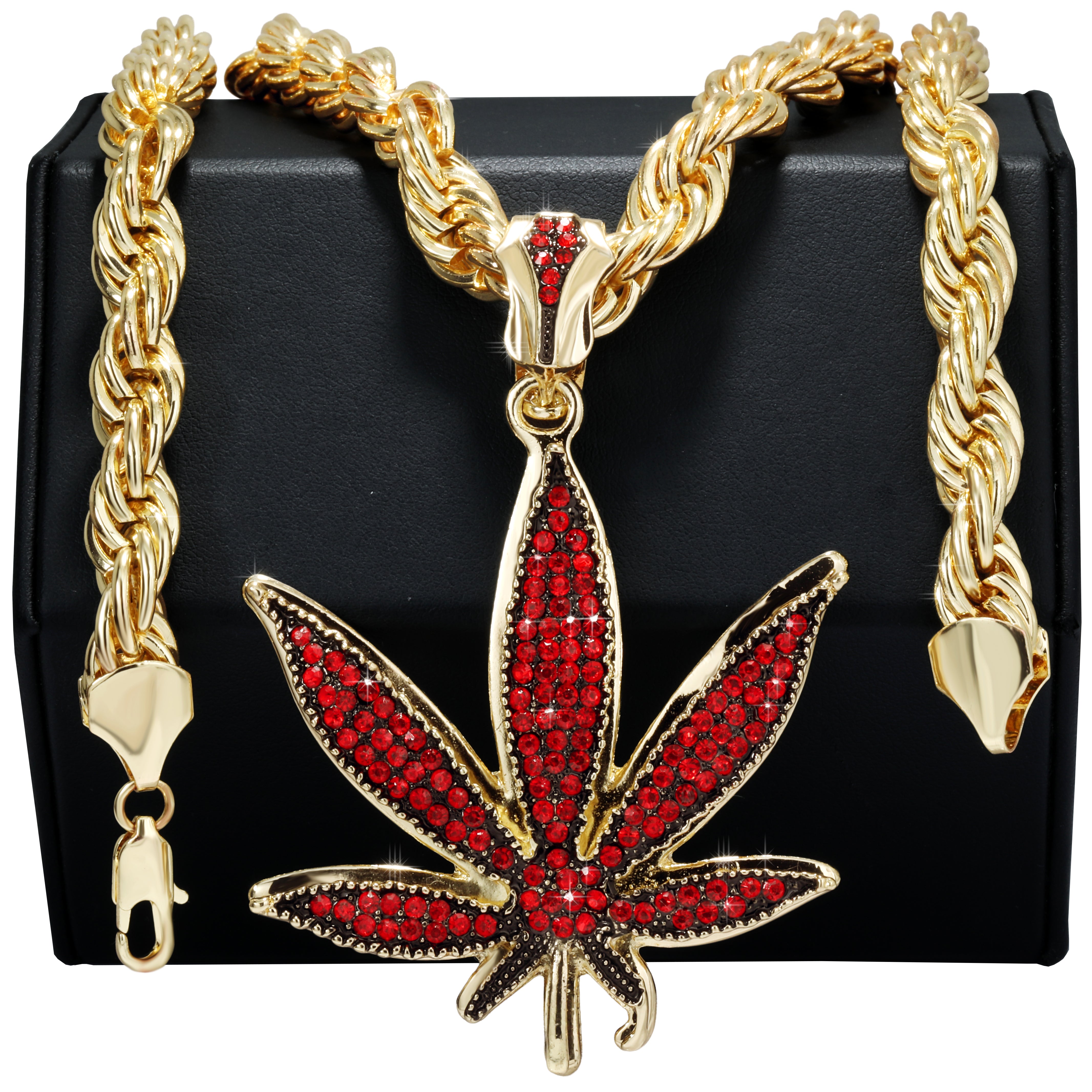 Red Marijuana Leaf Necklace | 10mm Rope Necklace Gold Plated