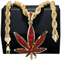 Red Marijuana Leaf Necklace | 10mm Rope Necklace Gold Plated