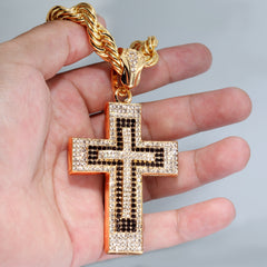 Latin Cross Fully Iced | 14K Rope Necklace Gold Plated 10mm