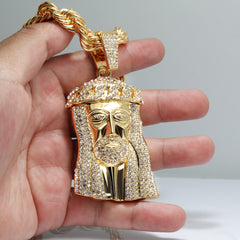 Jesus Piece Fully Iced Cuban Crown | 10mm Rope Necklace Gold Plated