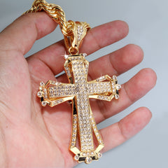 Hollow Cross Fully Iced | 14K Rope Necklace Gold Plated 10mm