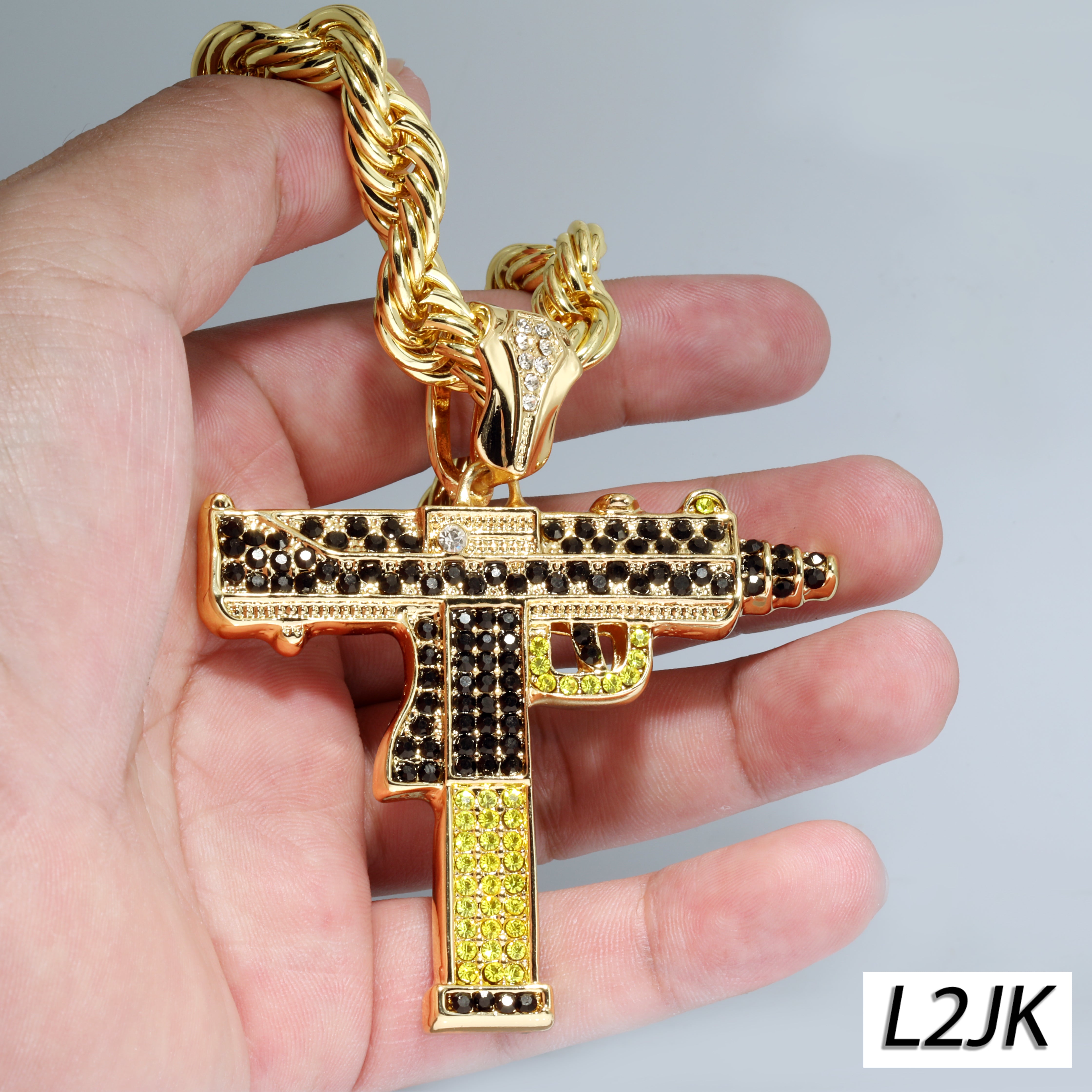 Two Tone Iced Uzi | 14K Rope Necklace Gold Plated 10mm