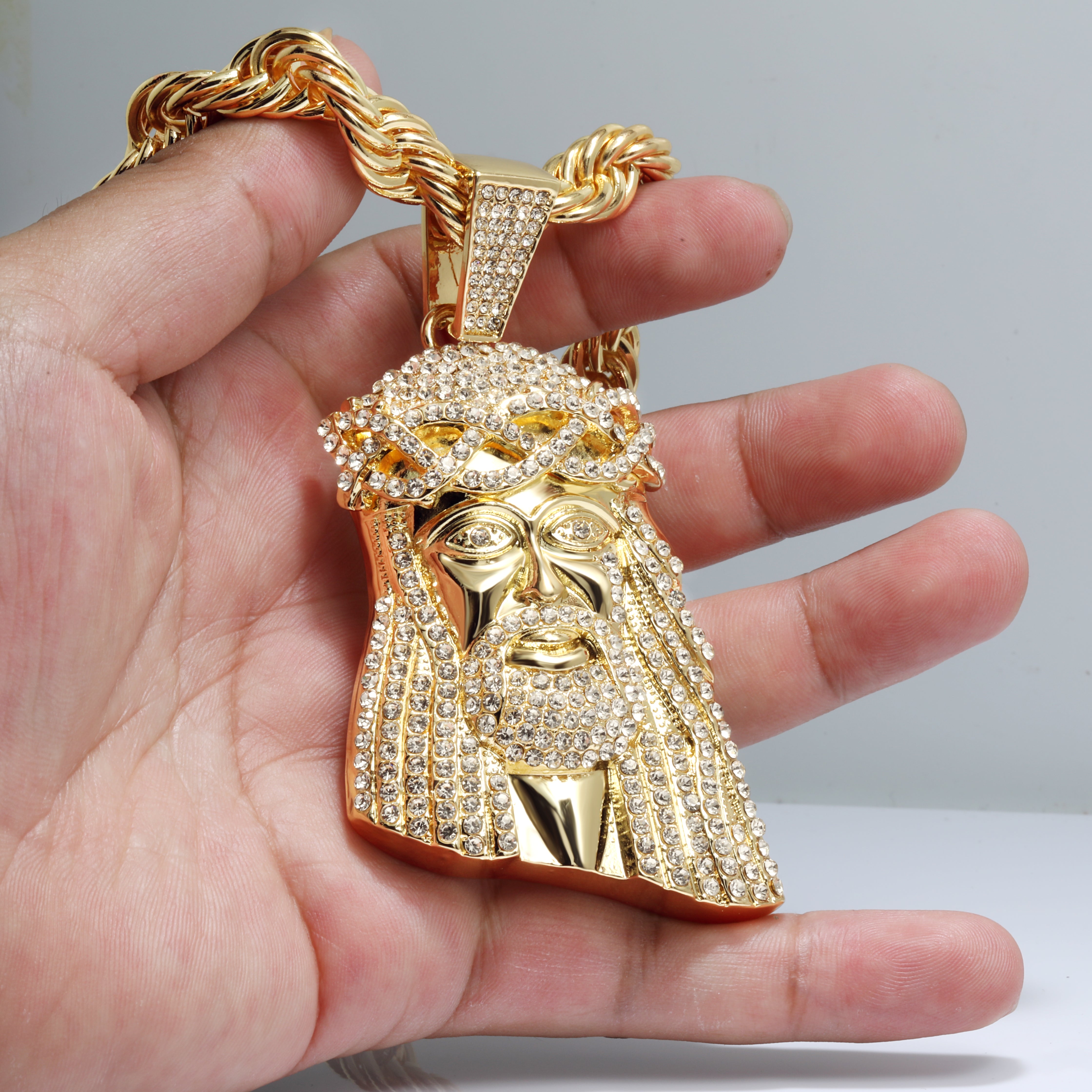 14k Tear Jesus Piece Necklace | 10mm Rope Chain Gold Plated