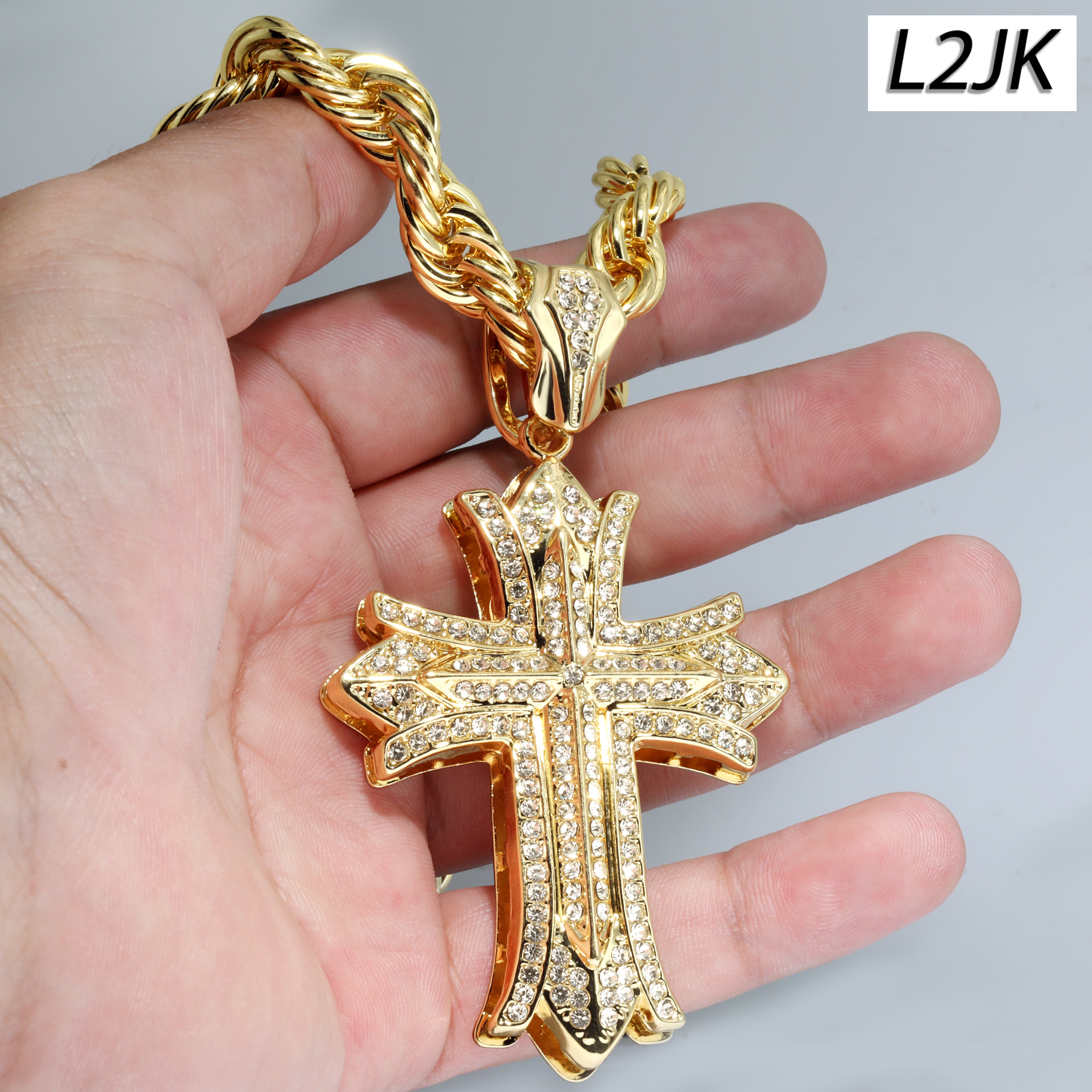 Clover Cross Fully Iced | 14K Rope Necklace Gold Plated 10mm