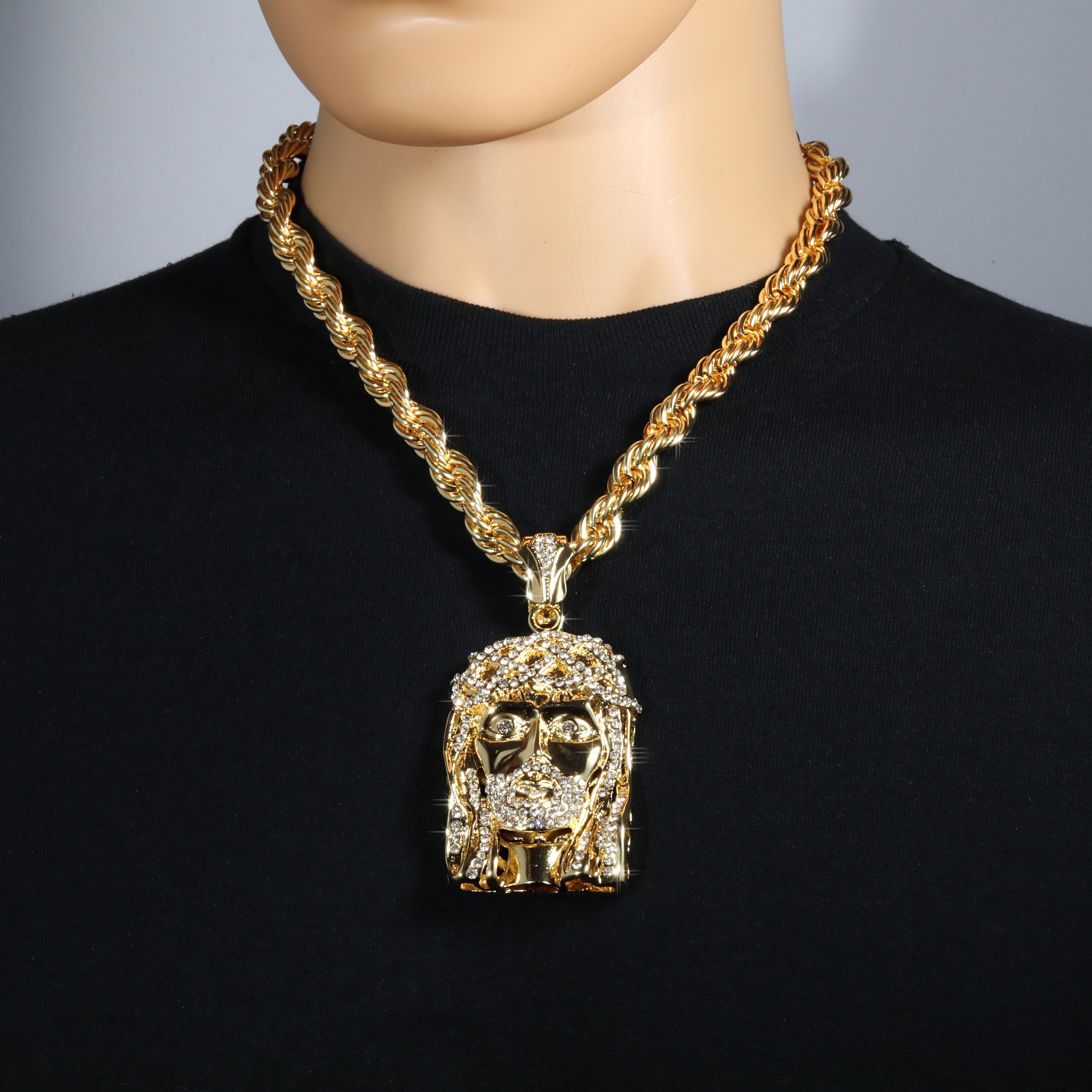 Jesus Piece Fully Iced Beard | 14K Rope Necklace Gold Plated 10mm