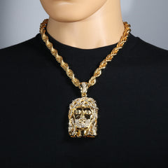 Jesus Piece Fully Iced Beard | 14K Rope Necklace Gold Plated 10mm