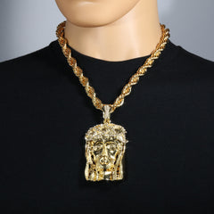 Crowned Jesus Piece Fully Iced | 10mm Rope Necklace Gold Plated