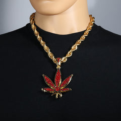 Red Marijuana Leaf Necklace | 10mm Rope Necklace Gold Plated
