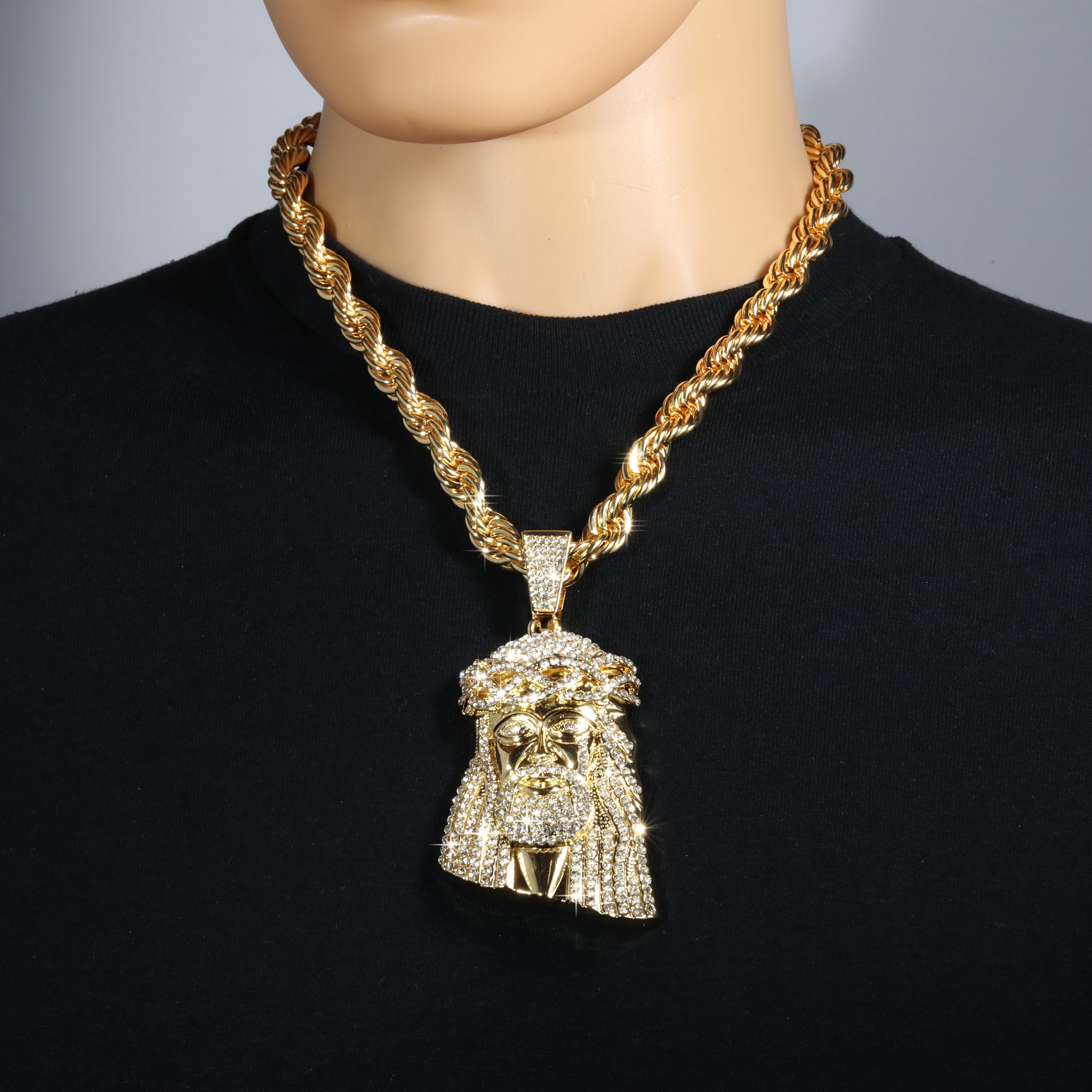 14k Tear Jesus Piece Necklace | 10mm Rope Chain Gold Plated