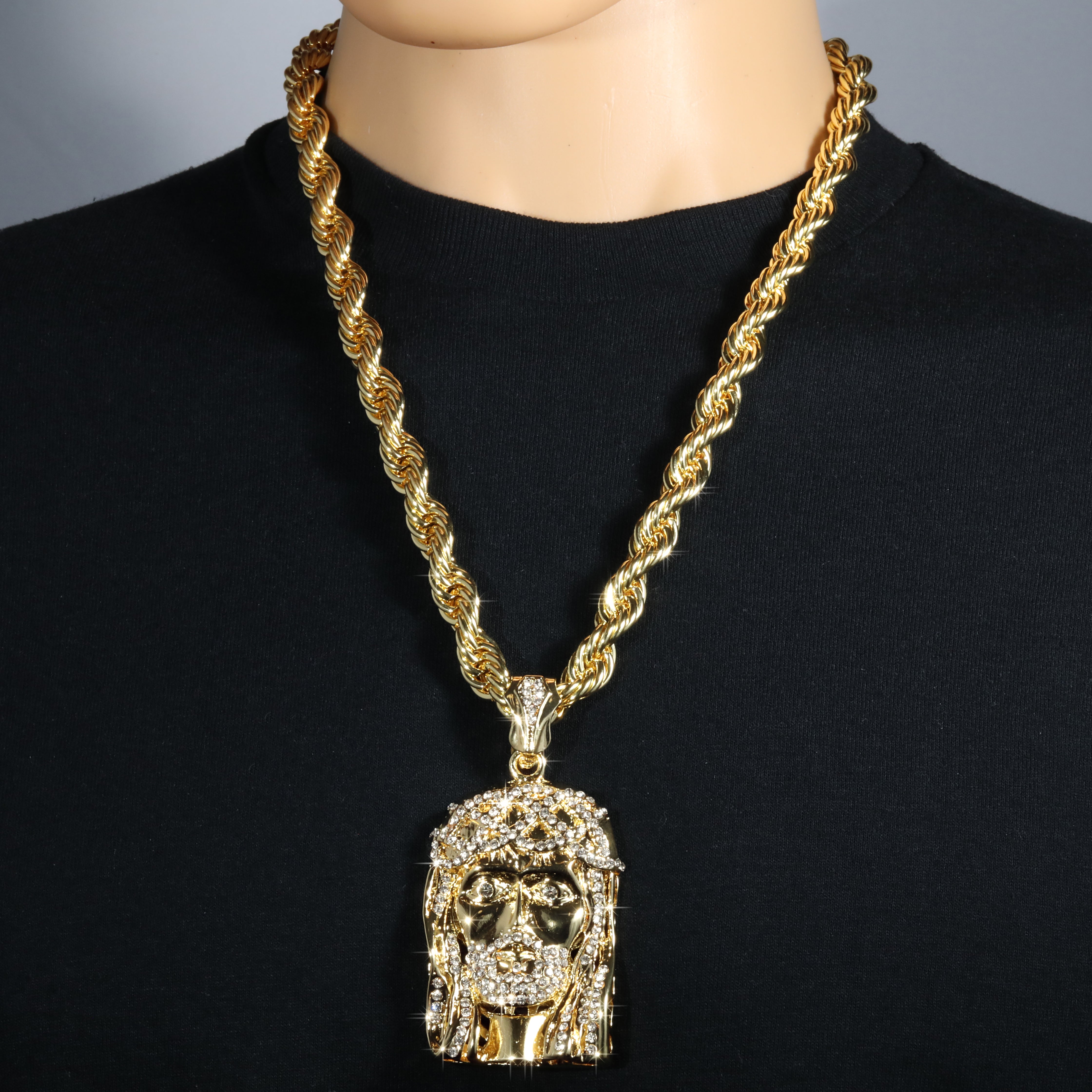 Jesus Piece Fully Iced Beard | 14K Rope Necklace Gold Plated 10mm