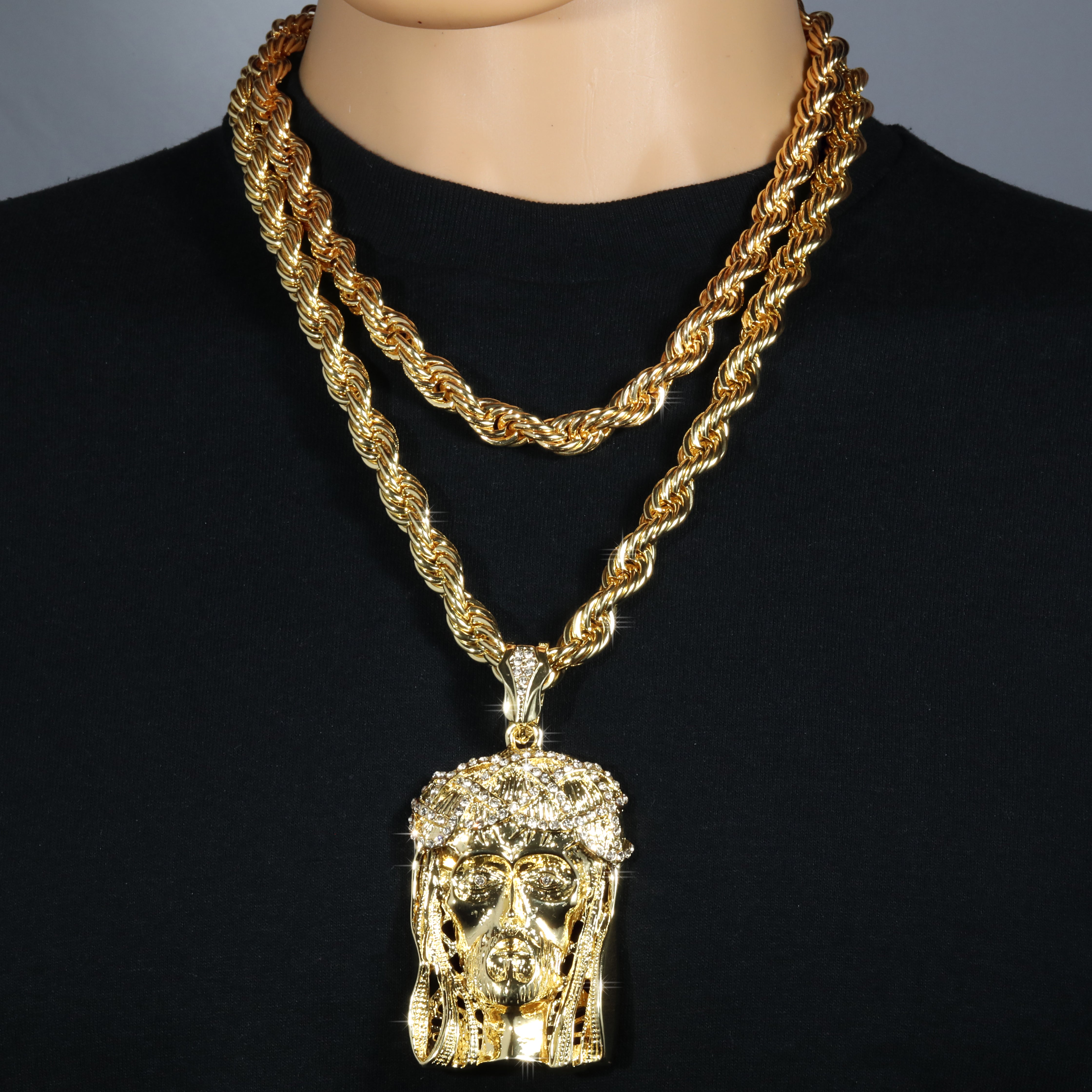 Crowned Jesus Piece Fully Iced | 10mm Rope Necklace Gold Plated