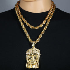 Crowned Jesus Piece Fully Iced | 10mm Rope Necklace Gold Plated