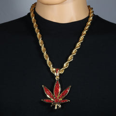 Red Marijuana Leaf Necklace | 10mm Rope Necklace Gold Plated