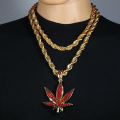 Red Marijuana Leaf Necklace | 10mm Rope Necklace Gold Plated