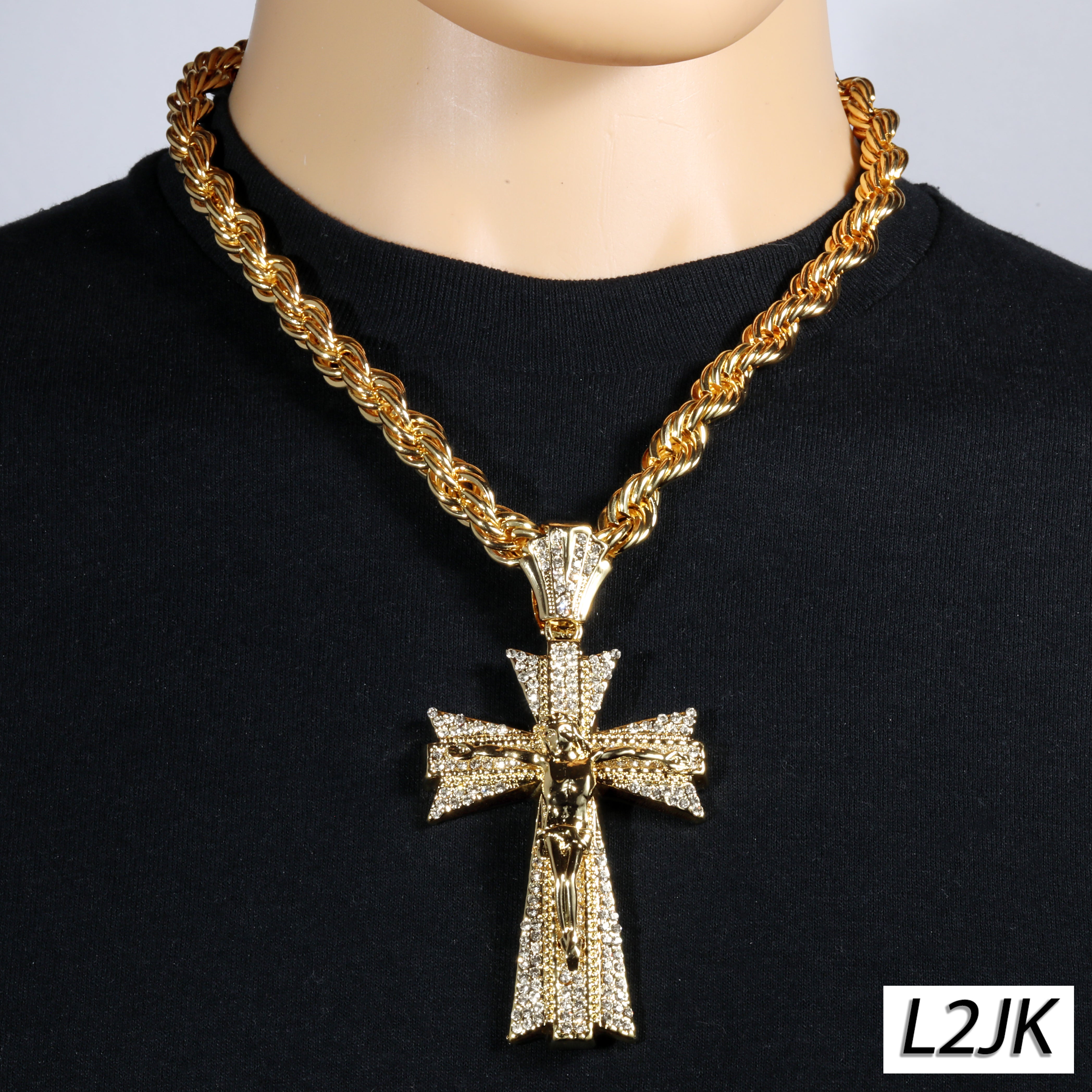 Jesus Clover Cross Fully Iced | 14K Rope Necklace Gold Plated 10mm