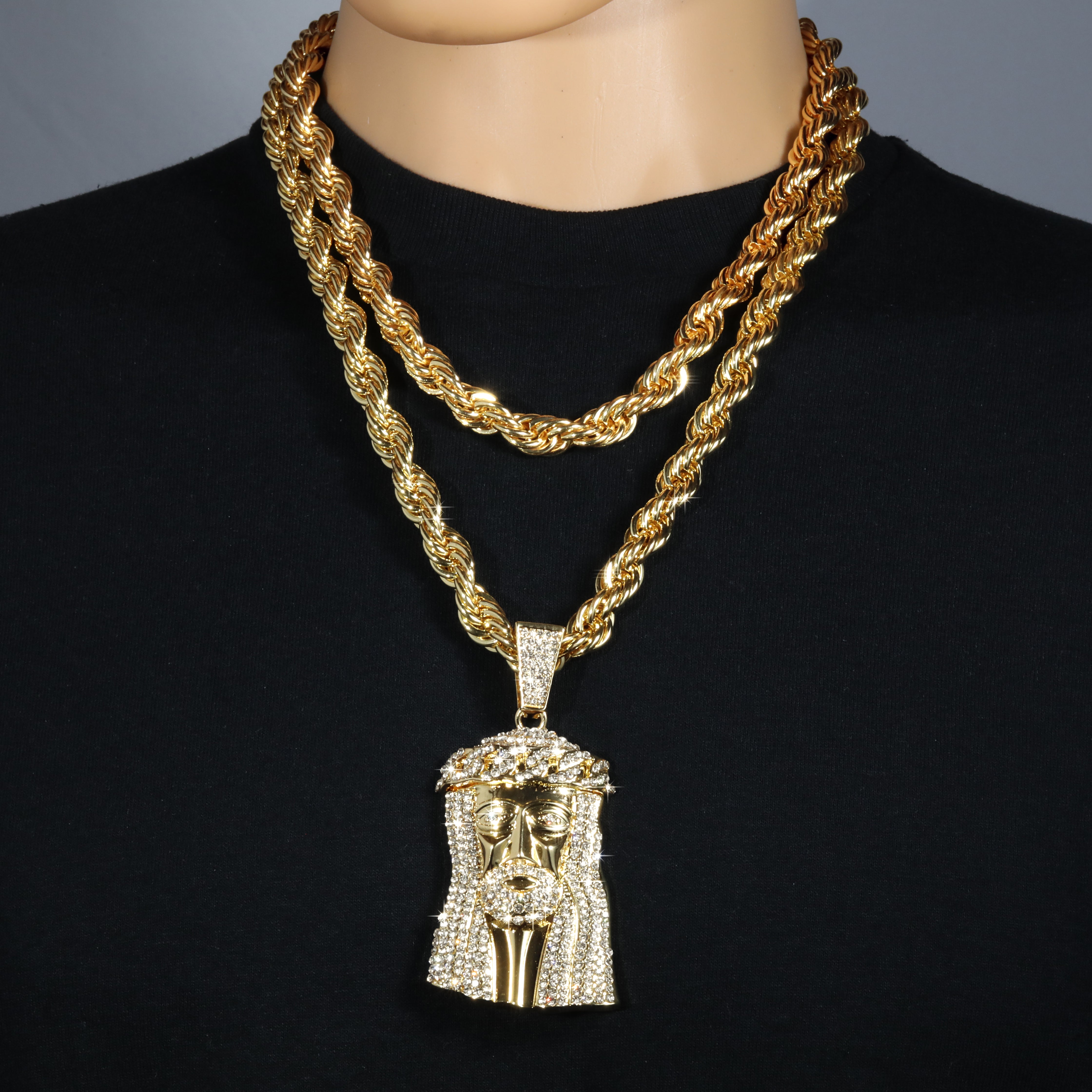 Jesus Piece Fully Iced Cuban Crown | 10mm Rope Necklace Gold Plated