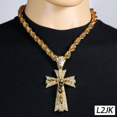 Jesus Clover Cross Fully Iced | 14K Rope Necklace Gold Plated 10mm