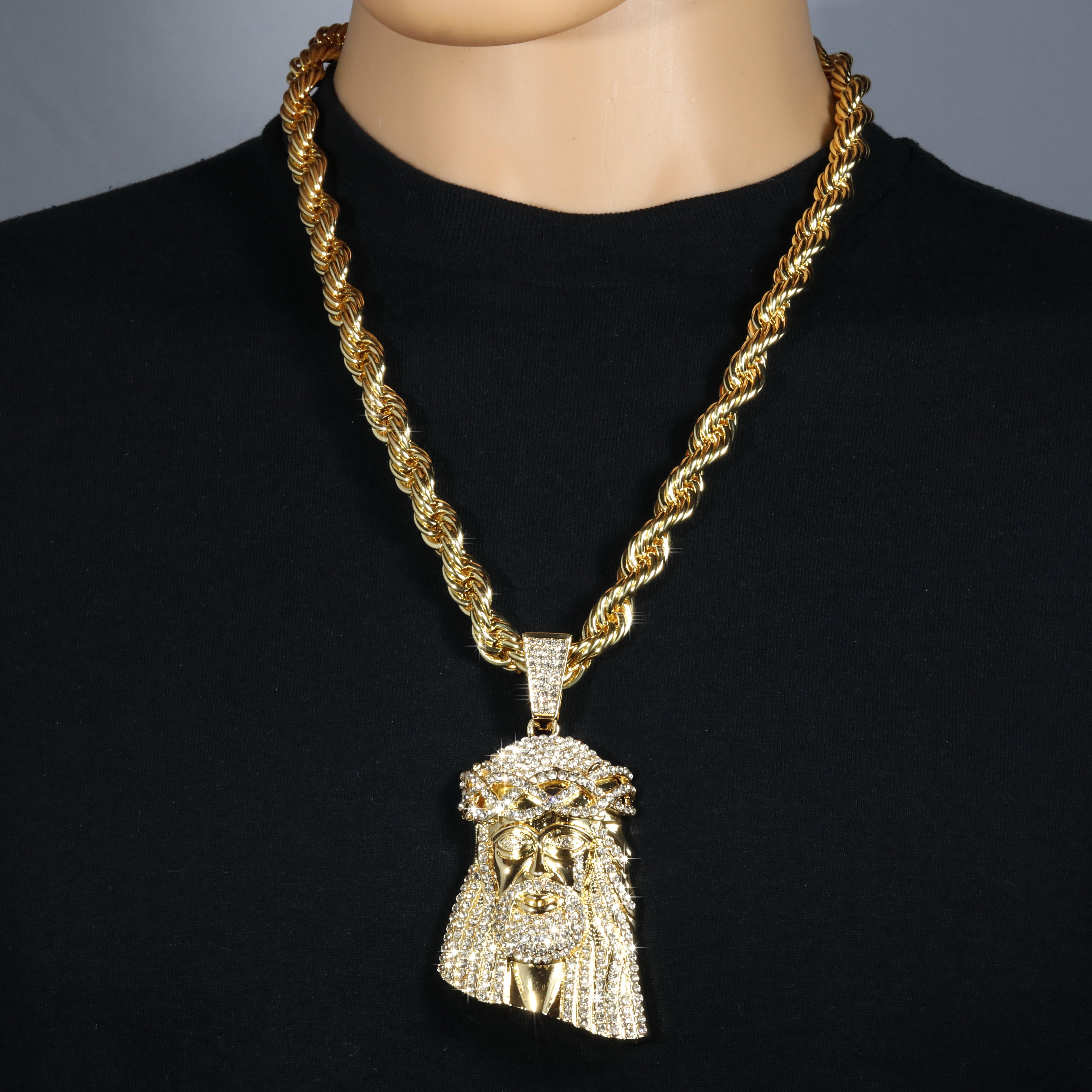 14k Tear Jesus Piece Necklace | 10mm Rope Chain Gold Plated