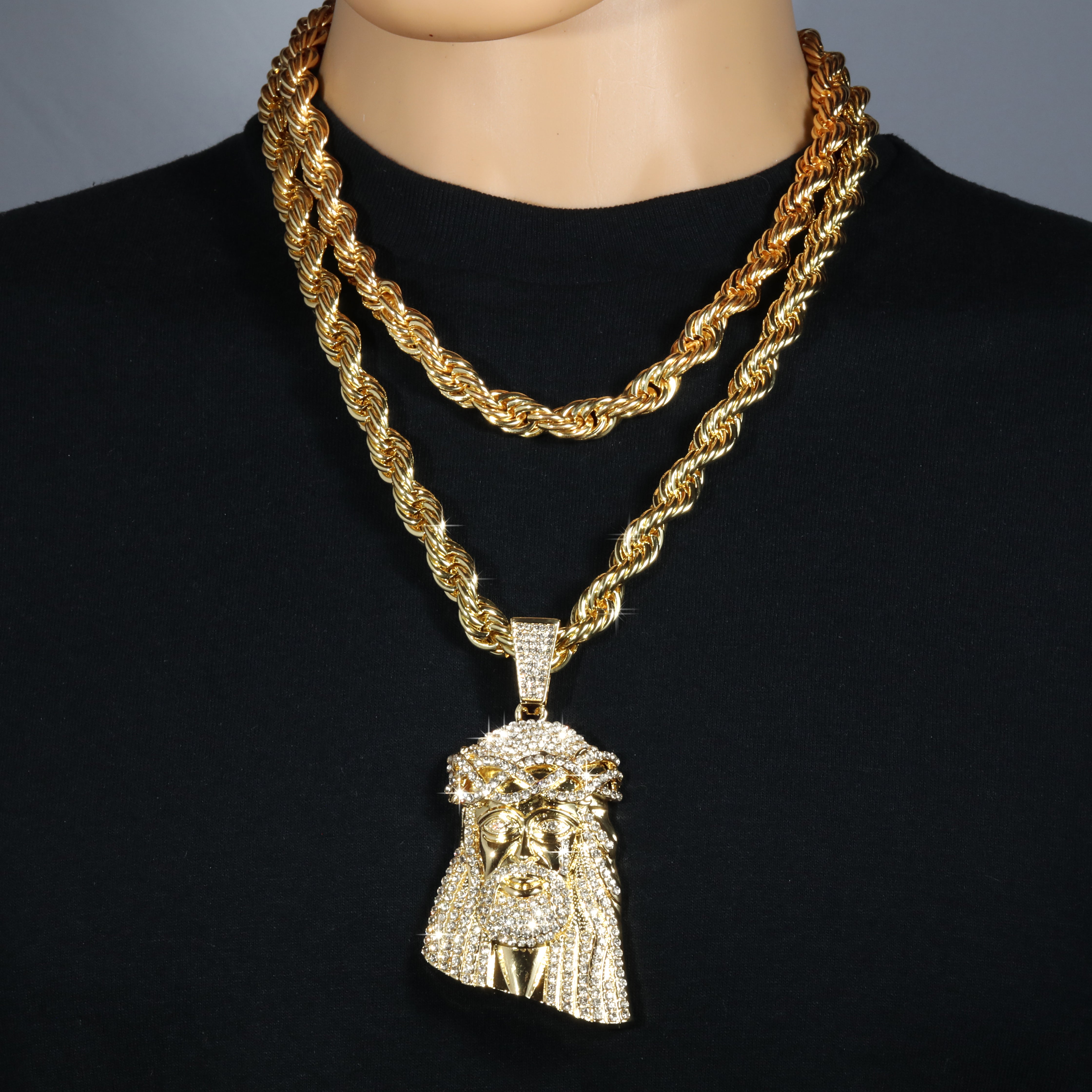 14k Tear Jesus Piece Necklace | 10mm Rope Chain Gold Plated