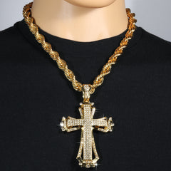 Hollow Cross Fully Iced | 14K Rope Necklace Gold Plated 10mm