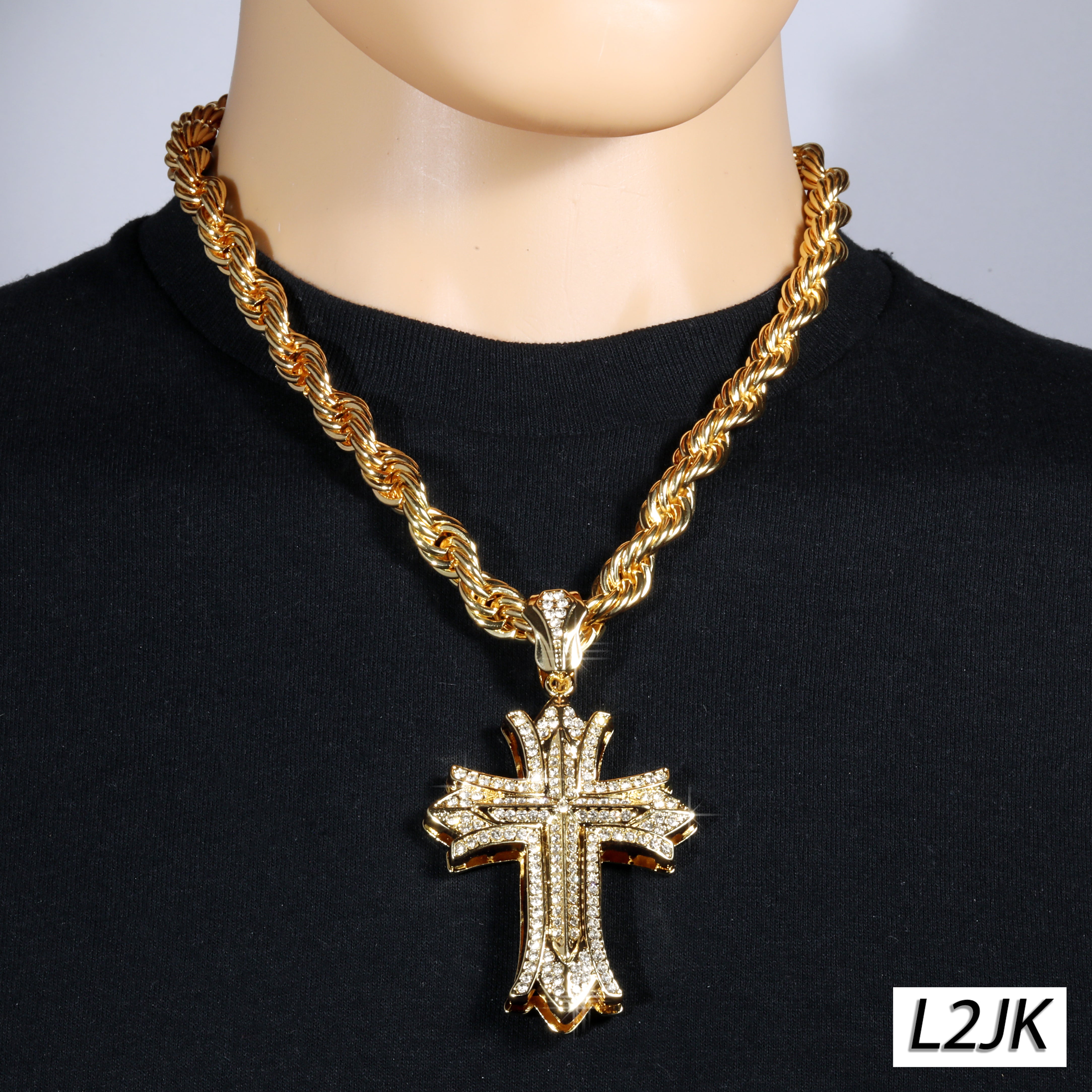 Clover Cross Fully Iced | 14K Rope Necklace Gold Plated 10mm