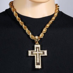 Latin Cross Fully Iced | 14K Rope Necklace Gold Plated 10mm