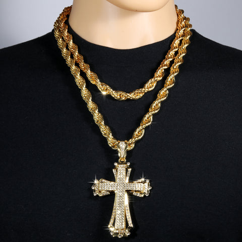Hollow Cross Fully Iced | 14K Rope Necklace Gold Plated 10mm