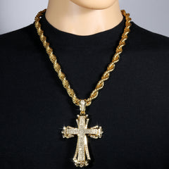Hollow Cross Fully Iced | 14K Rope Necklace Gold Plated 10mm