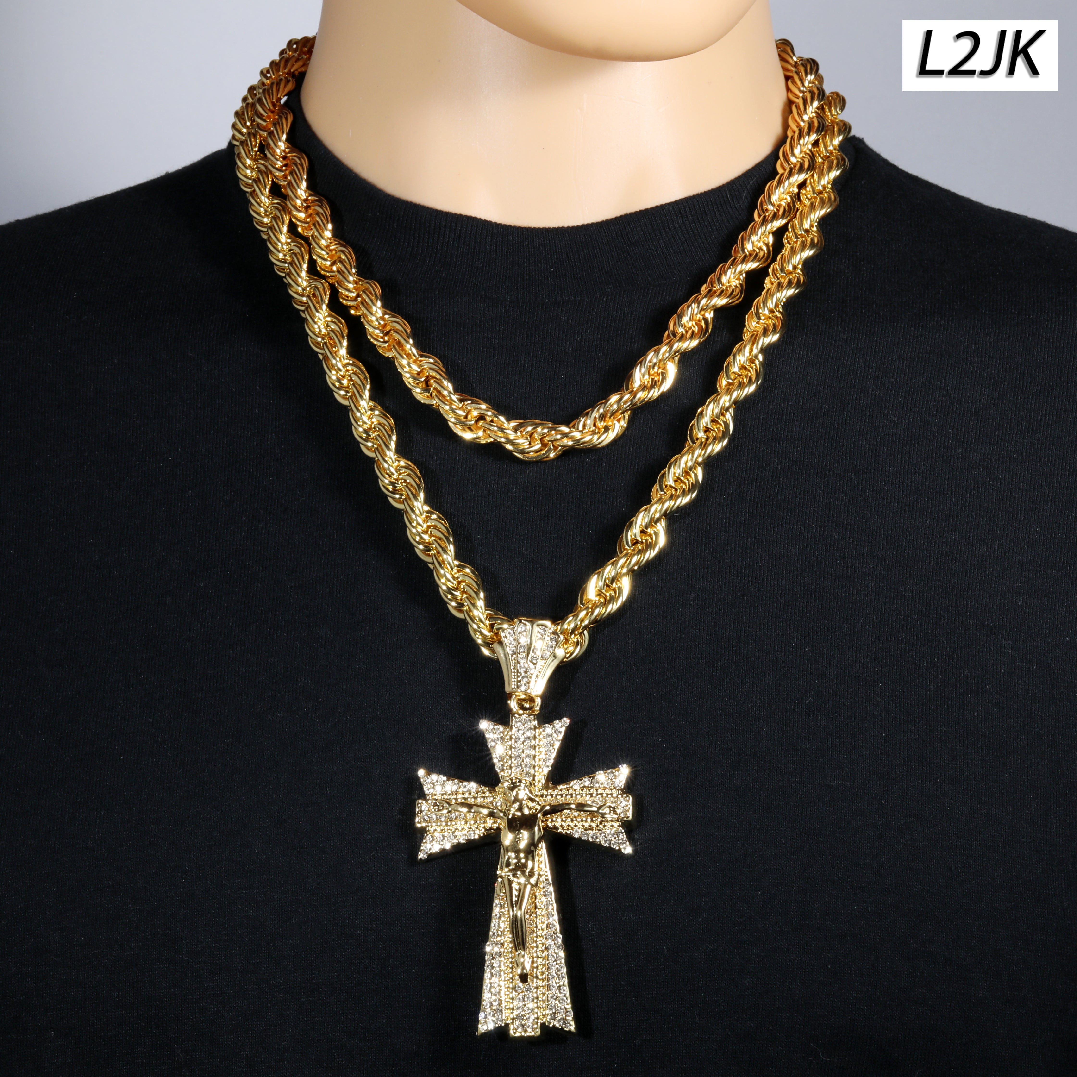 Jesus Clover Cross Fully Iced | 14K Rope Necklace Gold Plated 10mm