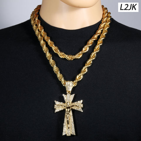 Jesus Clover Cross Fully Iced | 14K Rope Necklace Gold Plated 10mm