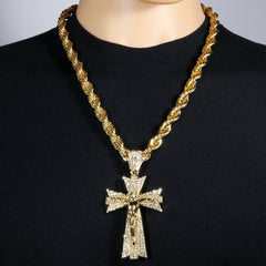 Jesus Clover Cross Fully Iced | 14K Rope Necklace Gold Plated 10mm