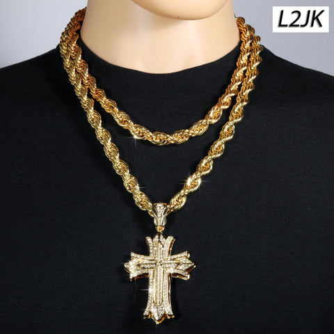 Clover Cross Fully Iced | 14K Rope Necklace Gold Plated 10mm