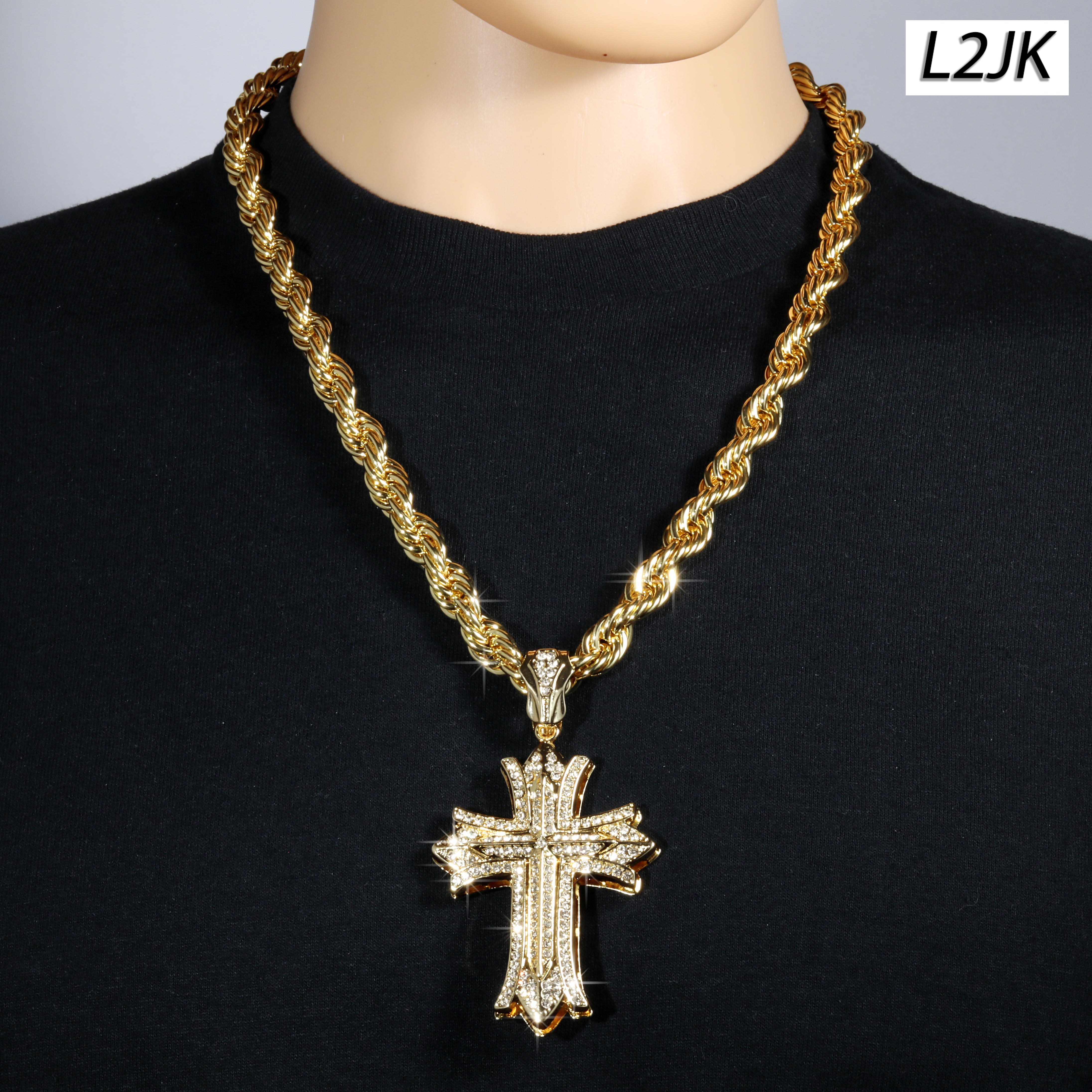 Clover Cross Fully Iced | 14K Rope Necklace Gold Plated 10mm