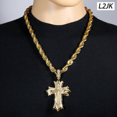 Clover Cross Fully Iced | 14K Rope Necklace Gold Plated 10mm