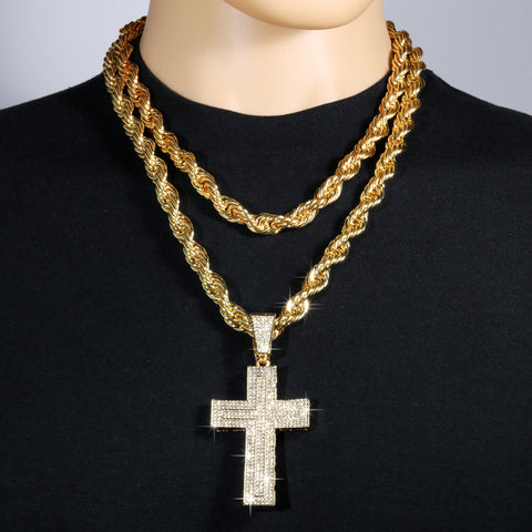 Curved Cross Fully Iced | 14K Rope Necklace Gold Plated 10mm
