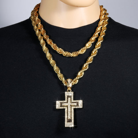 Latin Cross Fully Iced | 14K Rope Necklace Gold Plated 10mm