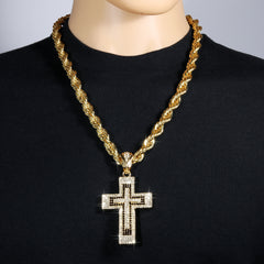 Latin Cross Fully Iced | 14K Rope Necklace Gold Plated 10mm