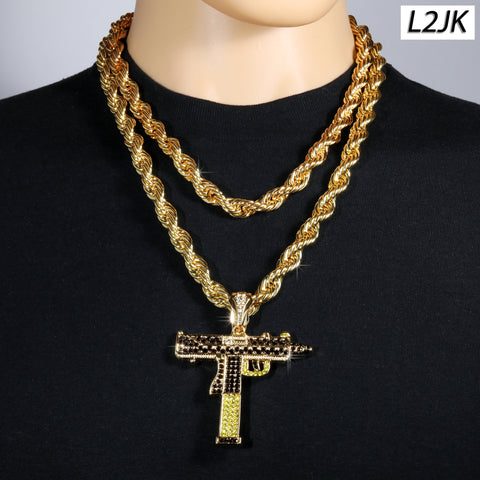 Two Tone Iced Uzi | 14K Rope Necklace Gold Plated 10mm
