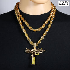 Two Tone Iced Uzi | 14K Rope Necklace Gold Plated 10mm