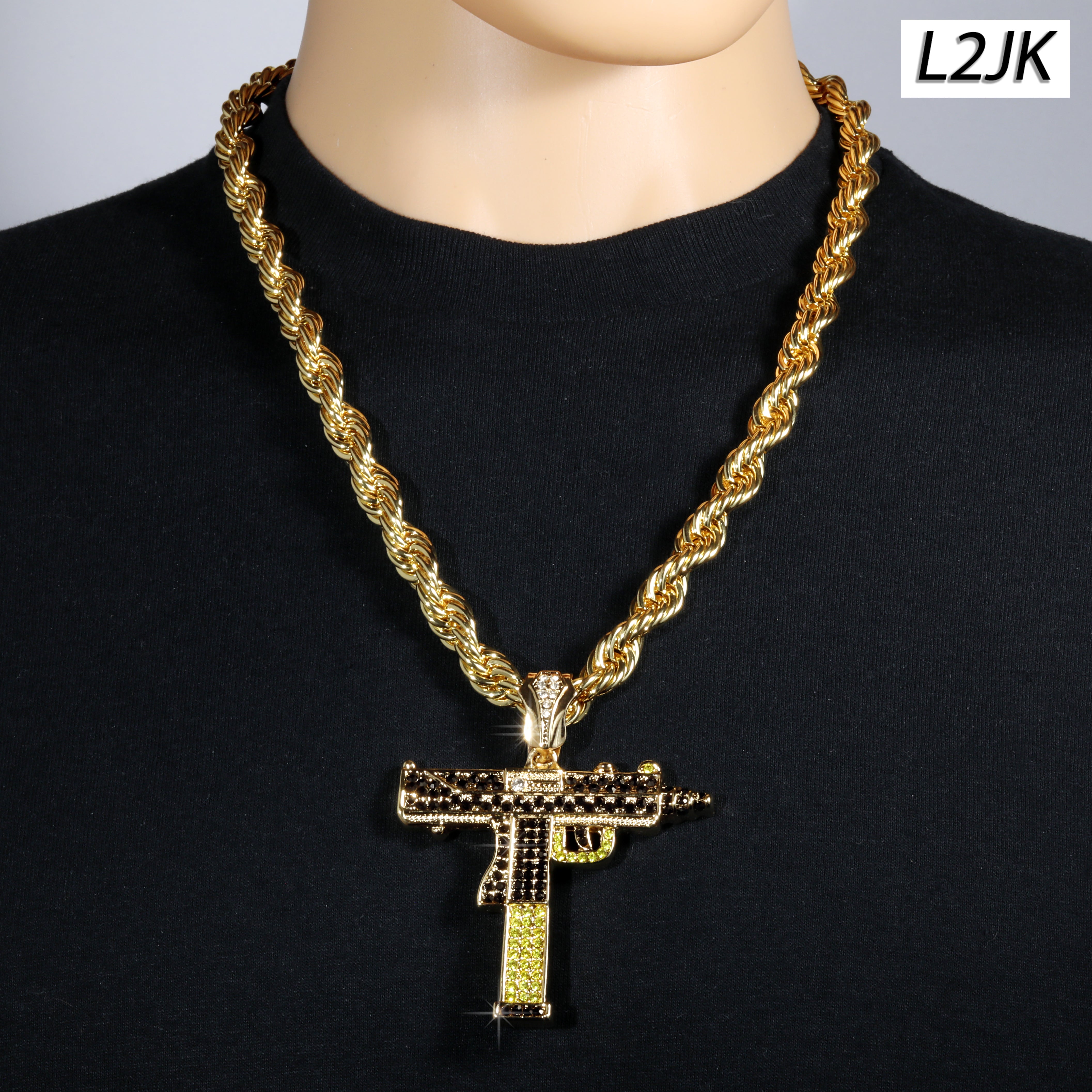 Two Tone Iced Uzi | 14K Rope Necklace Gold Plated 10mm