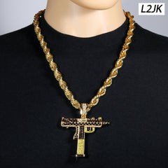 Two Tone Iced Uzi | 14K Rope Necklace Gold Plated 10mm