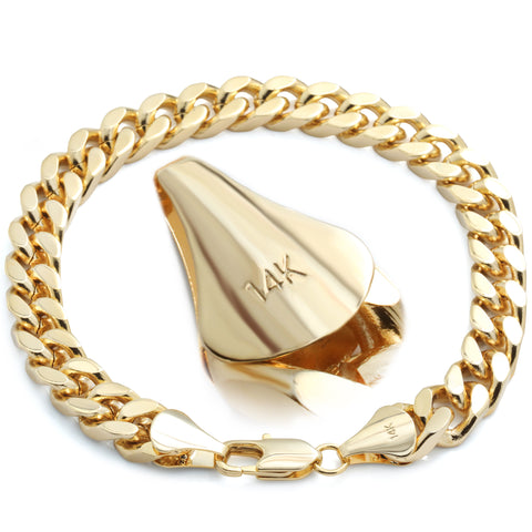 14K Solid Cuban Link Bracelet 8.5" - 10mm Gold Plated