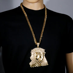 Huge XL - Curly Jesus Face Fully Iced | Curb Cuban Necklace Gold Plated