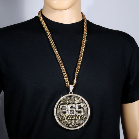 XL - 365 Hustle Medallion Fully Iced | Curb Cuban Necklace Gold Plated